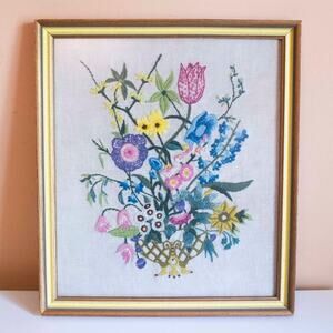 Framed Crewel Embroidery | Floral Needlework Art